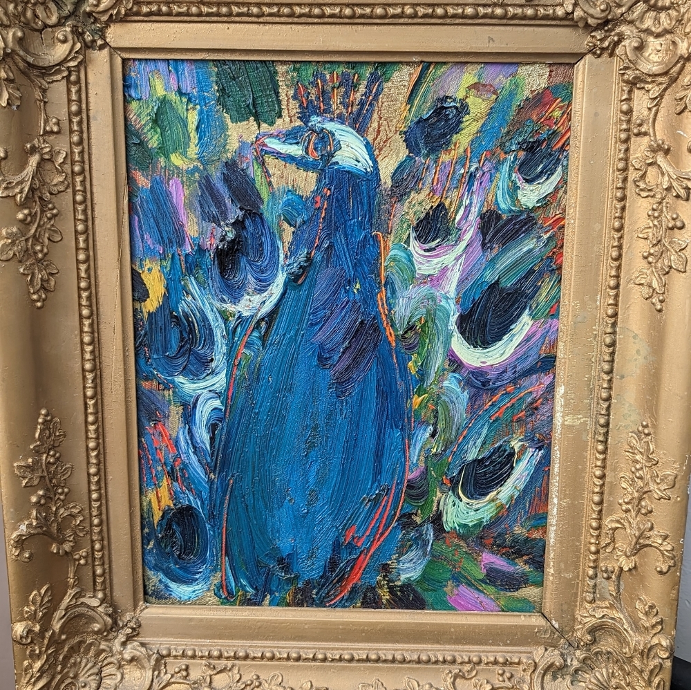 Oil on canvas peacock painting by Hunt Slonem.  11" x 14".  Painted 2011. - Picture 6 of 15